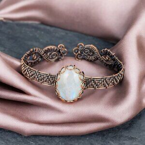 Rainbow Moonstone Copper Cuff Bracelet Adjustable Healing Properties Oval Stone